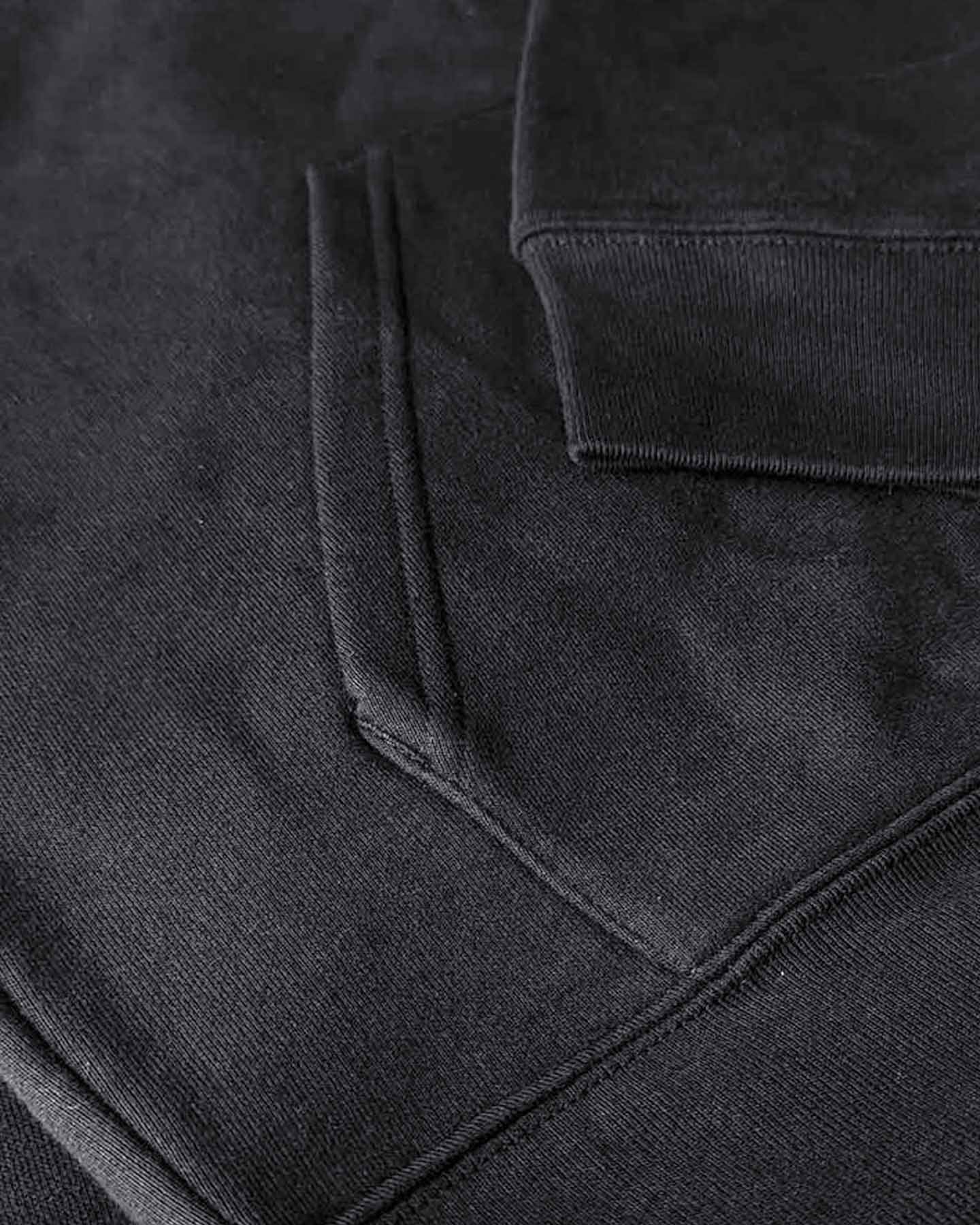 Close up of a black hoodie showing the cotton texture in fine detail